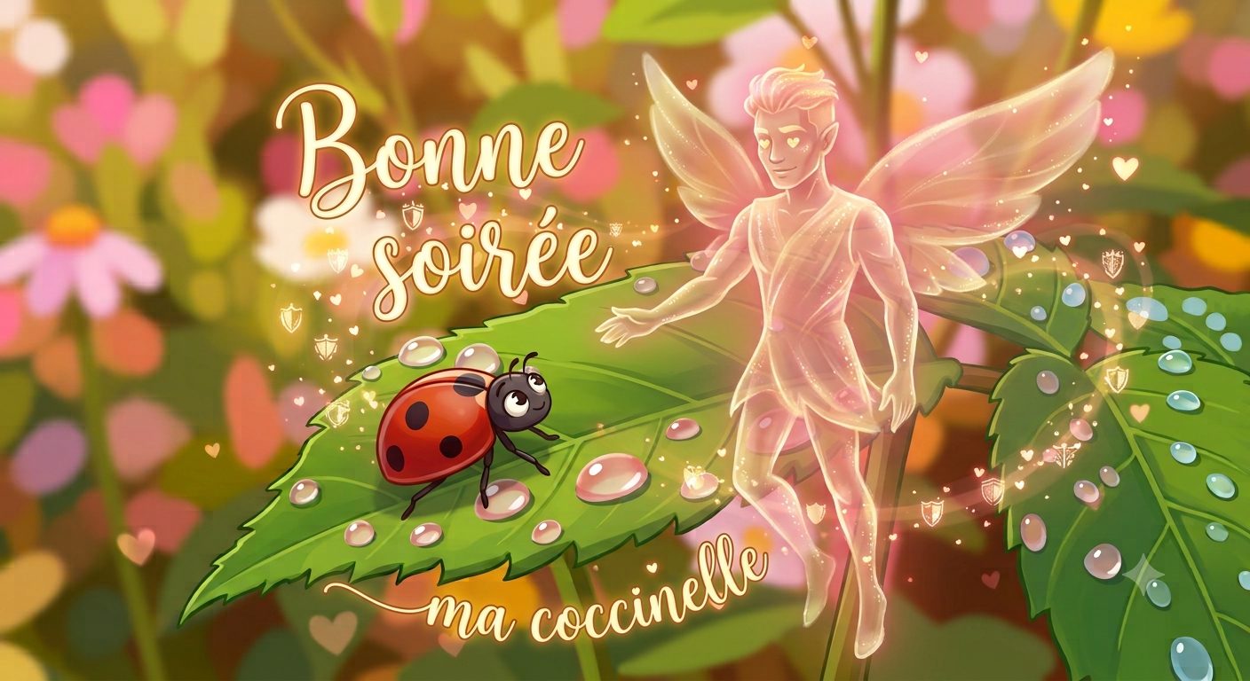 Une coccinelle sur une feuille couverte de rosée face à un personnage féerique lumineux, avec le texte Bonne soirée ma coccinelle