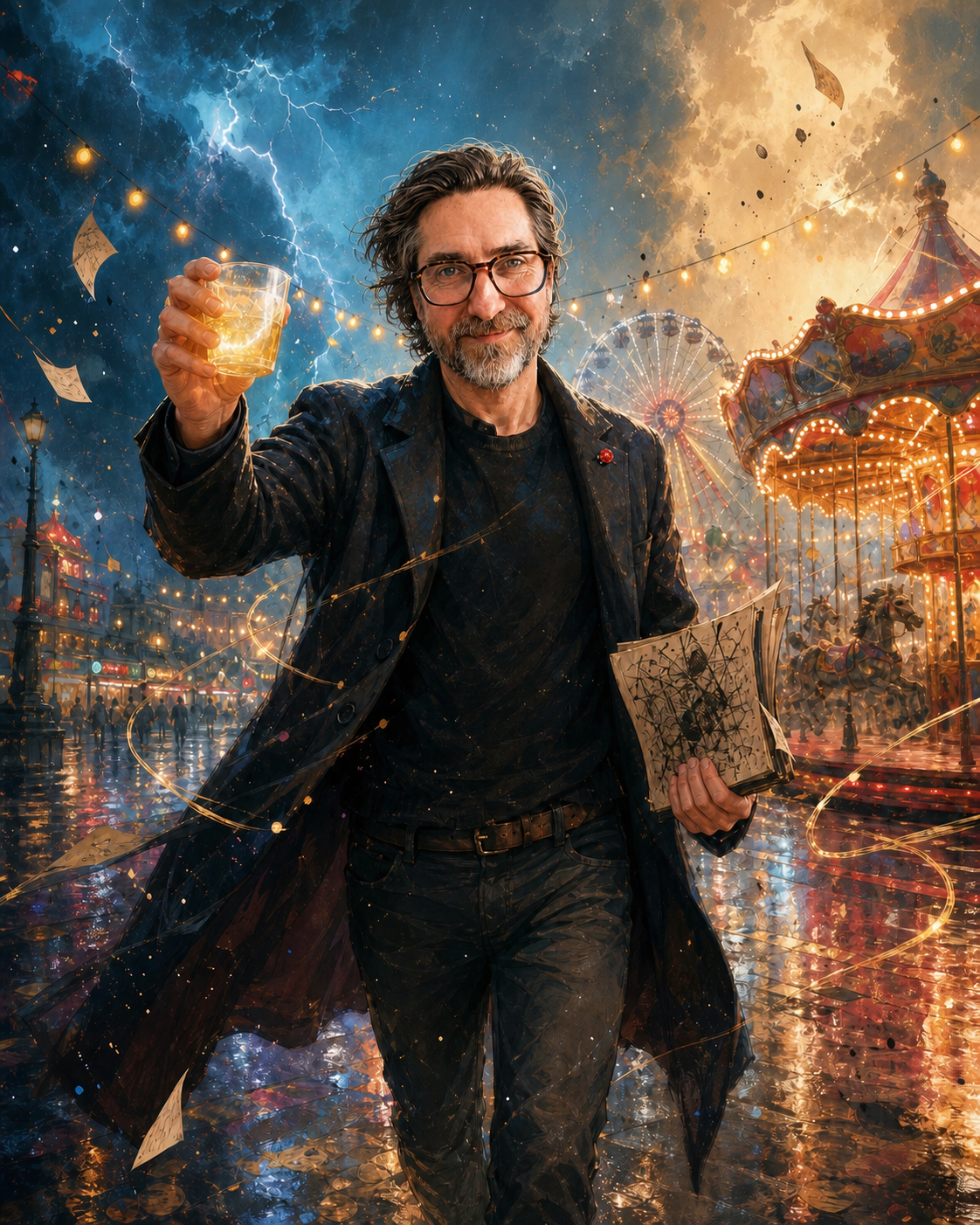 Un homme aux cheveux poivre et sel lève un verre rempli de lumière au cœur d’une fête foraine, entre l’orage et les illuminations