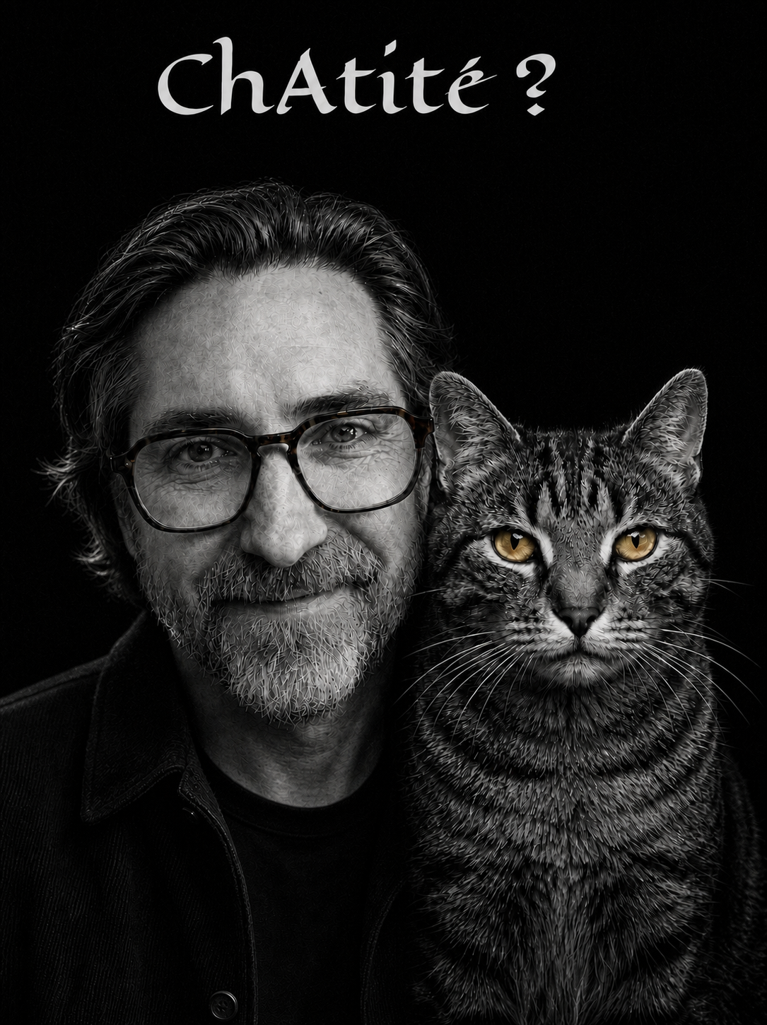 Portrait complice en noir et blanc de l’auteur et de son chat Amadeus, sous le titre ChAtité point d’interrogation