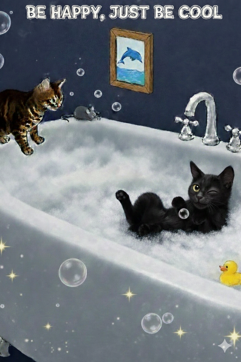 Chat noir détendu dans un bain de mousse avec un canard jaune, observé par un chat tigré et une souris, avec le texte Be happy, just be cool