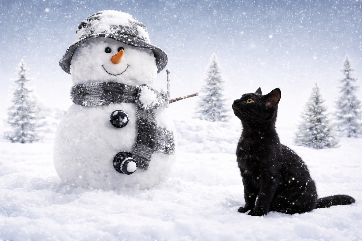Chat noir assis dans la neige face à un bonhomme de neige souriant sous les flocons