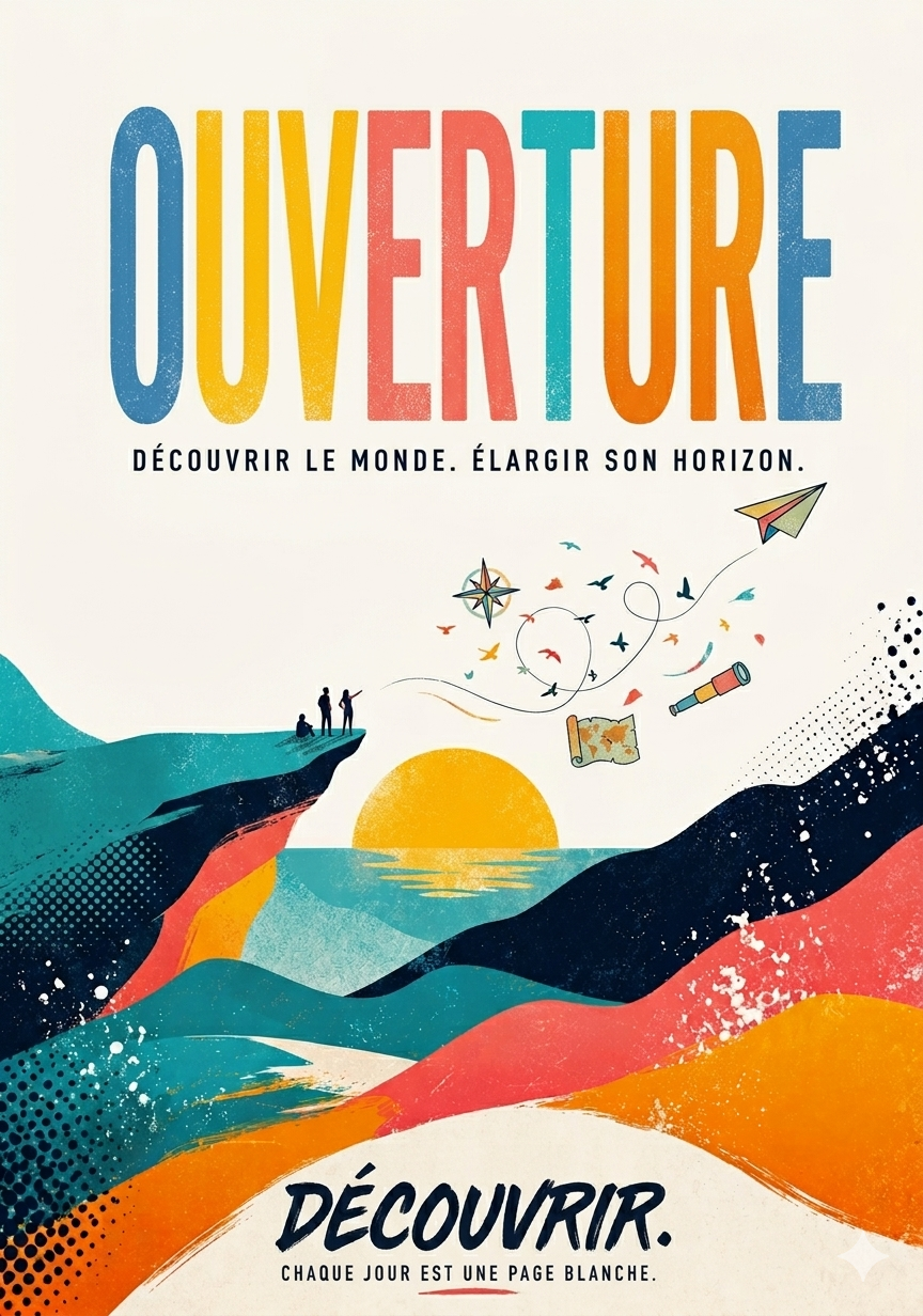 Affiche colorée Ouverture avec paysages, soleil et avion de papier