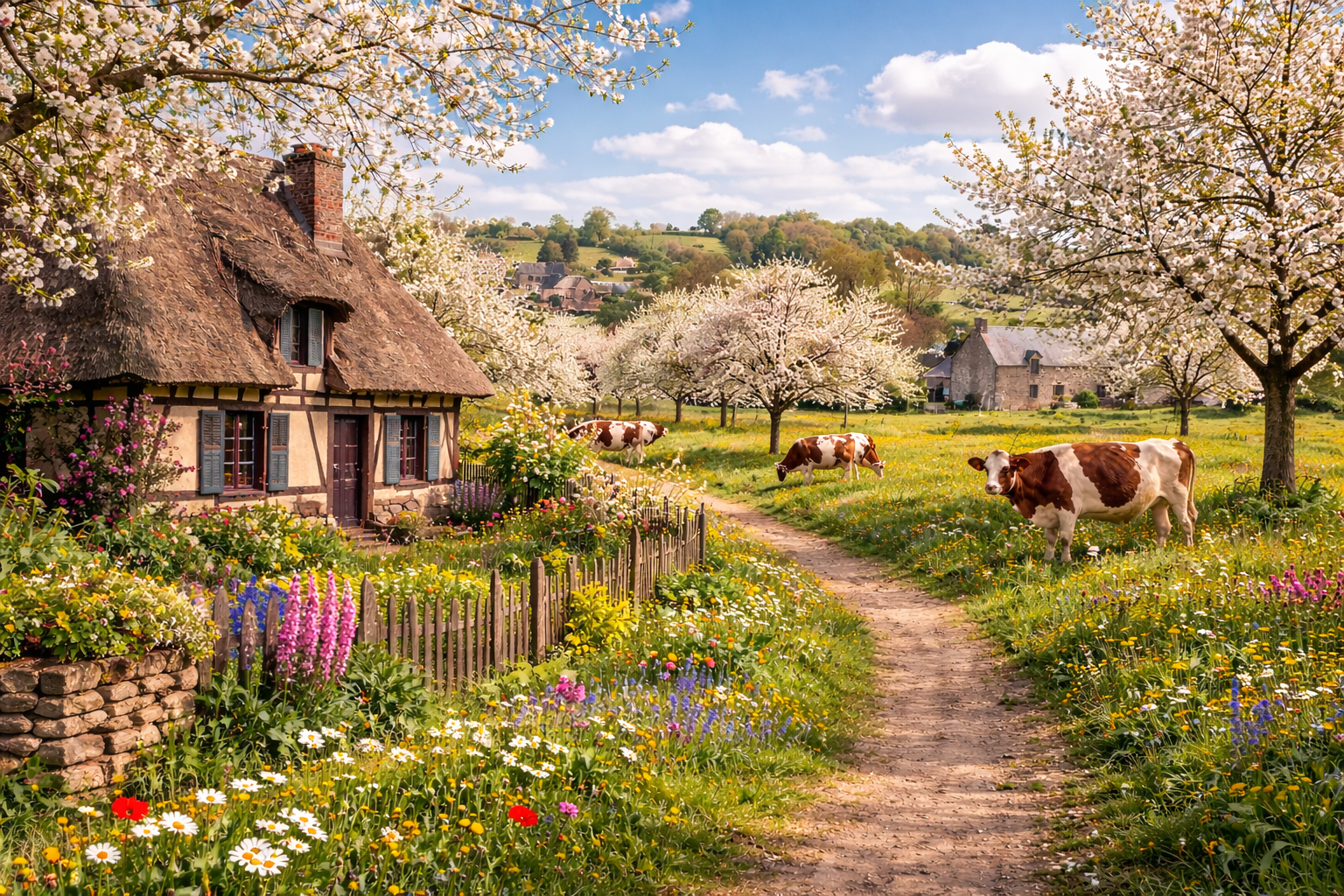 Chemin de campagne bordé de fleurs et de vergers en fleurs, avec une maison au toit de chaume et des vaches dans une prairie