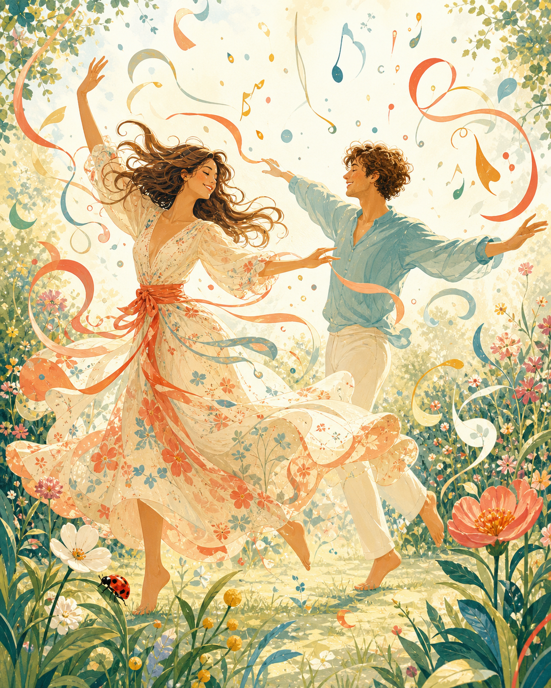 Un couple danse joyeusement dans un jardin lumineux, entouré de rubans colorés et d’une petite coccinelle