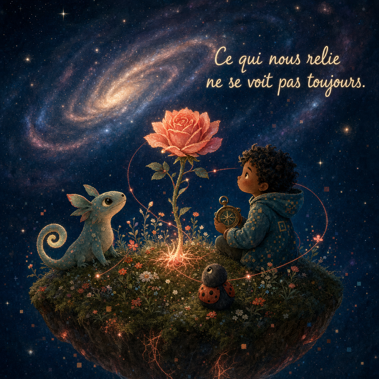 Sur une petite planète fleurie, un jeune cartographe, un lézard lunaire et une créature-coccinelle contemplent une rose reliée à eux par des fils lumineux