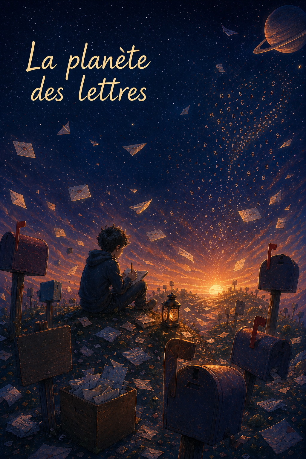 Un jeune auteur écrit au milieu de boîtes aux lettres et d’enveloppes sous un ciel étoilé