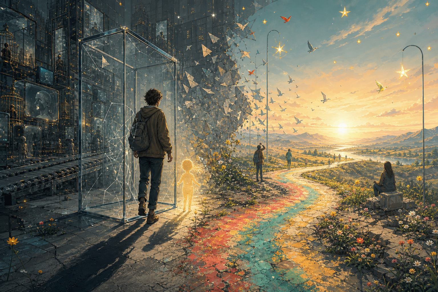 Un homme quitte une cage de verre et une ville mécanique pour suivre un chemin coloré vers un horizon lumineux, entouré d’oiseaux et de fleurs