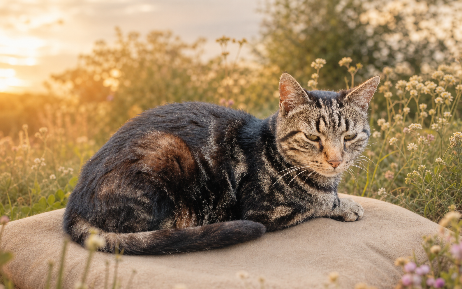 Portrait d’Amadeus, chat tigré allongé paisiblement dans un jardin baigné par la lumière du soir
