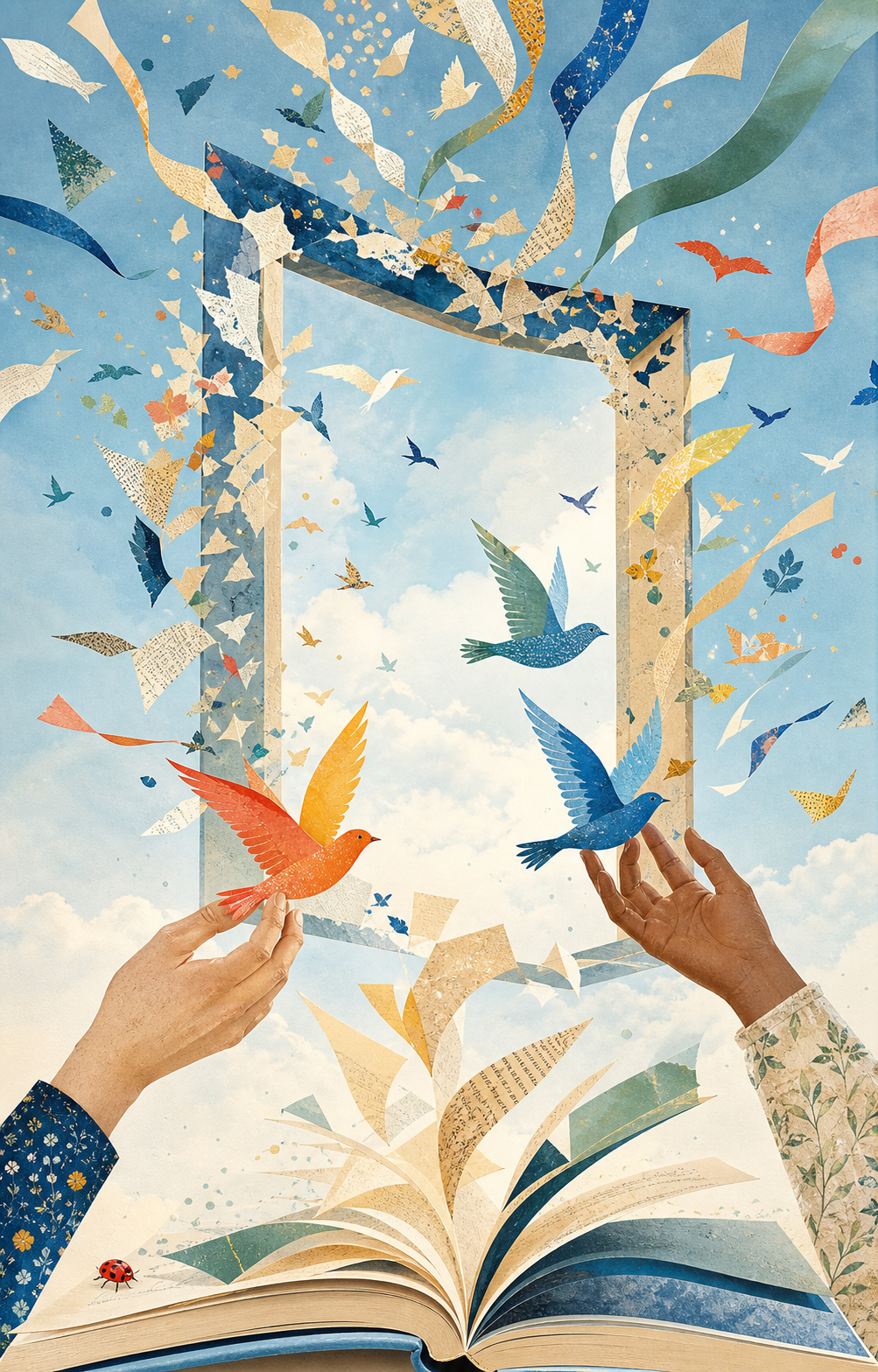 Deux mains libèrent des oiseaux colorés au-dessus d’un livre ouvert, devant une fenêtre dont le cadre se transforme en pages et en rubans