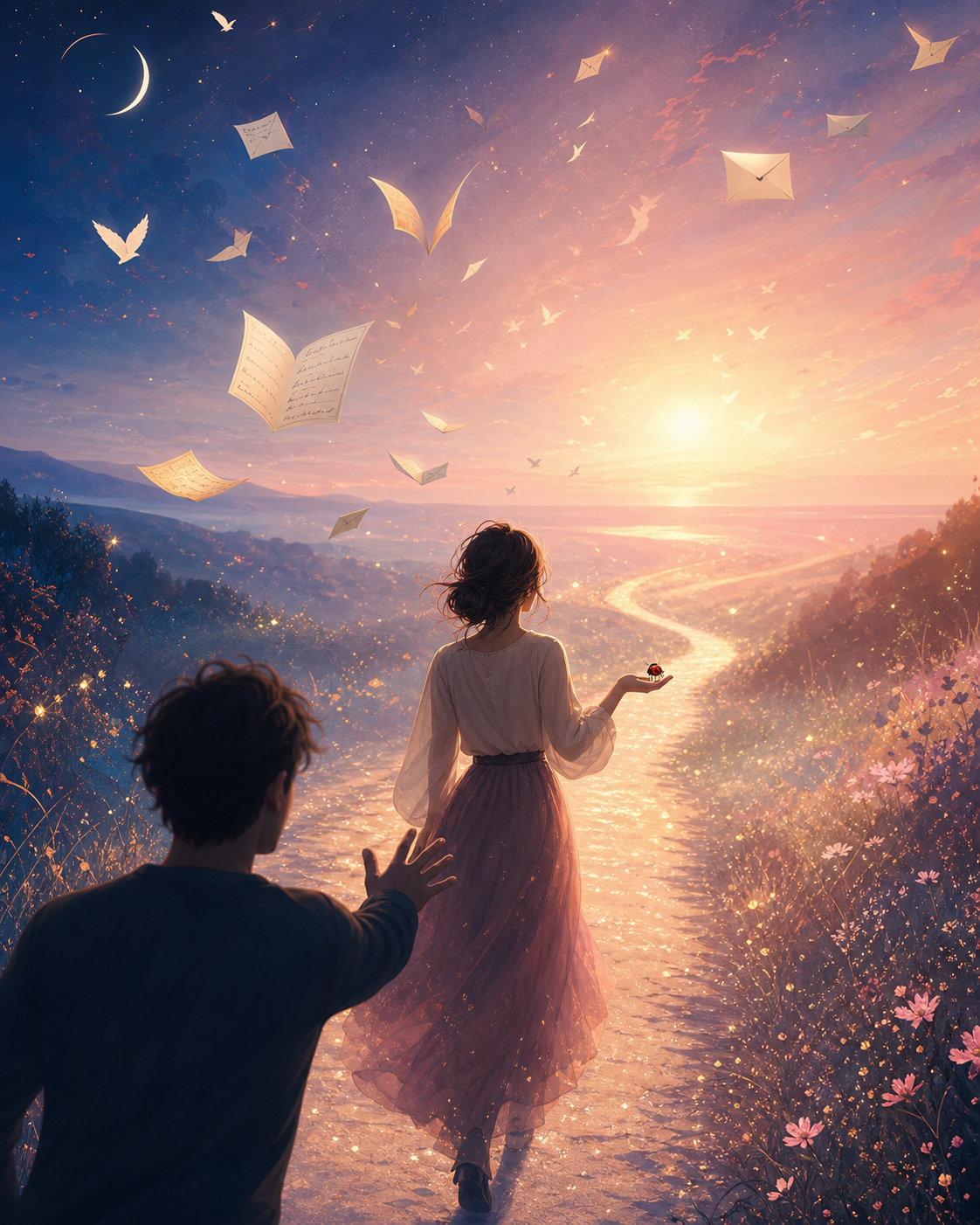Une femme avance sur un chemin lumineux, une coccinelle posée sur sa main, tandis que des lettres s’envolent vers l’horizon