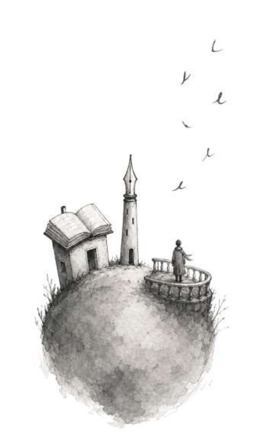 Petite planète dessinée au crayon avec une maison-livre, une tour en forme de plume et un voyageur