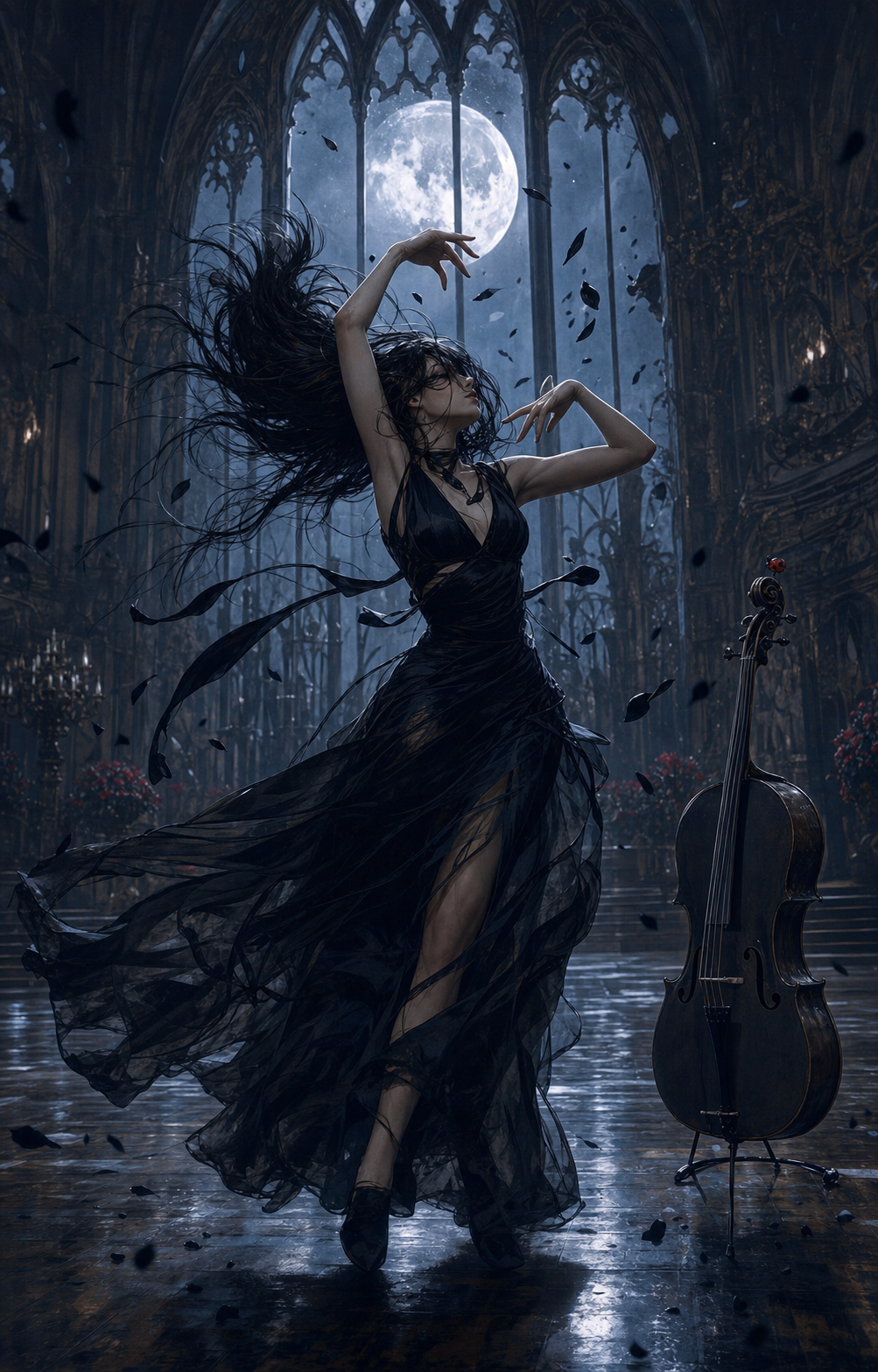 Une danseuse en robe noire évolue sous la lune dans une salle gothique, près d’un violoncelle sur lequel repose une petite coccinelle